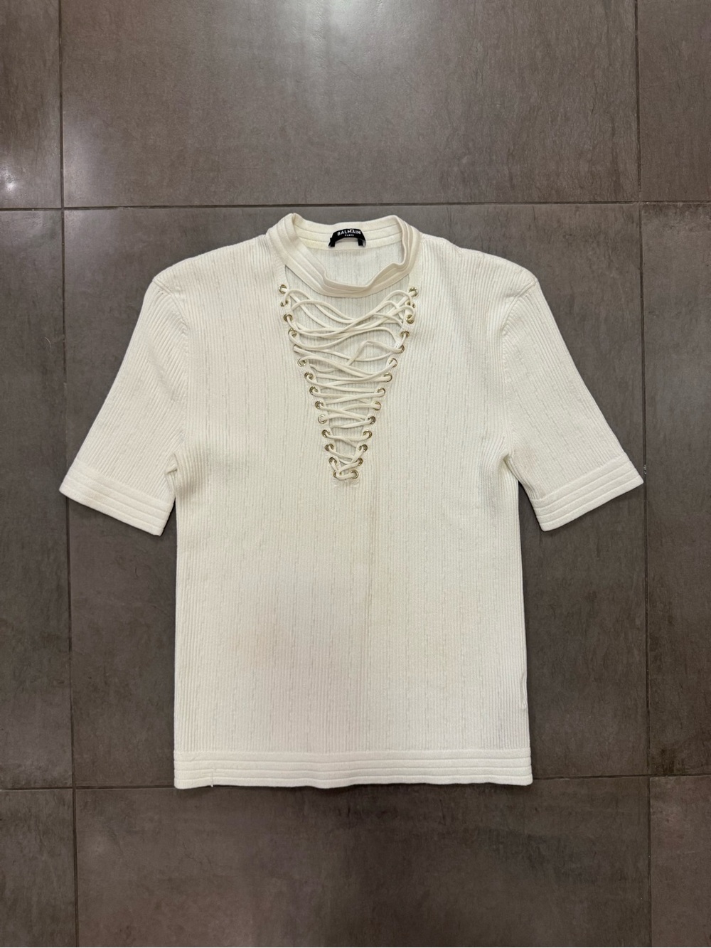Balmain Paris Ivory Lace-Up Ribbed Knit Top, Women’s FR44/US12